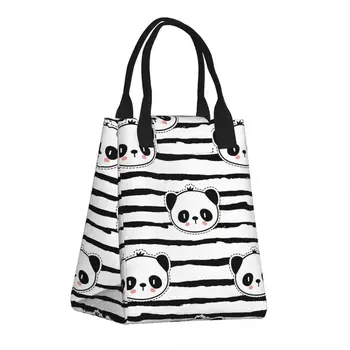 Бумажная сумка для ланча с рисунком в полоску с изображением медведя панды, сохраняющая свежесть Сумка для ланча с крючком-петлей, теплоизоляционная сумка для ланча