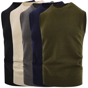 Весенний мужской свитер-жилет 2023, однотонный свитер с круглым вырезом и жилетом, модная мужская одежда, жилет, мужской пуловер без рукавов
