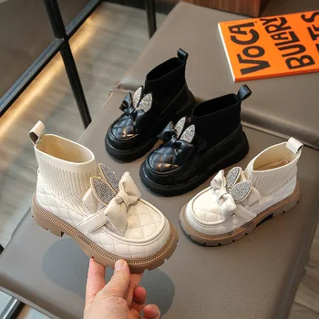 Детские Короткие ботильоны для девочек, весенняя модная обувь, детская обувь на плоской подошве с бабочкой от 4 до 9 лет BBW6703