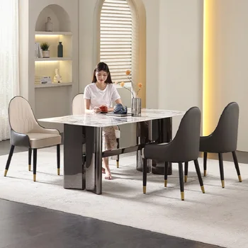 Минималистичная комбинация обеденного стола и стула из натурального мрамора прямоугольный бытовой современный роскошный обеденный стол из камня