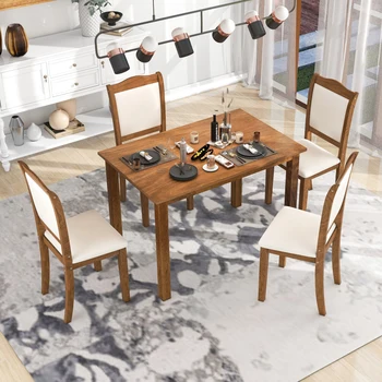 Набор для обеденного стола из дерева из 5 предметов Кухонный обеденный набор в простом стиле Прямоугольный стол с мягкими стульями для ограниченного пространства