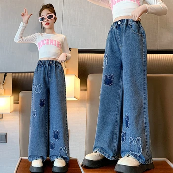 Новые весенне-осенние модные длинные джинсы, школьные широкие брюки для девочек с рисунком кролика, повседневные свободные детские брюки в корейском стиле