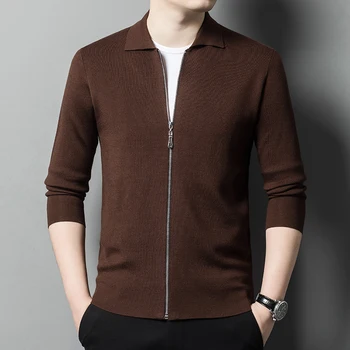 Осенний мужской кардиган 2023, свитер, деловая повседневная мужская одежда, однотонный воротник-поло, вязаное пальто в корейском стиле на молнии