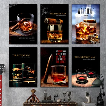 Современные винтажные настенные художественные плакаты с сигарами, виски и вином в баре 